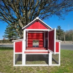 Poulailler Deluxe Rouge Toit Shingle Vert 10 à 12 Poules V3.0 -Poulailler Boutique poulailler deluxe rouge toit vert 12 poules vue arriere ouvert