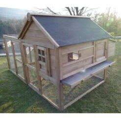 Poulailler Plymouth Toit Shingle Ouvrant 4 à 6 Poules Bois FSC Avec Extension Parc Grillagé -Poulailler Boutique poulailler plymouth 6 8 poules bois fsc vue de cote 2